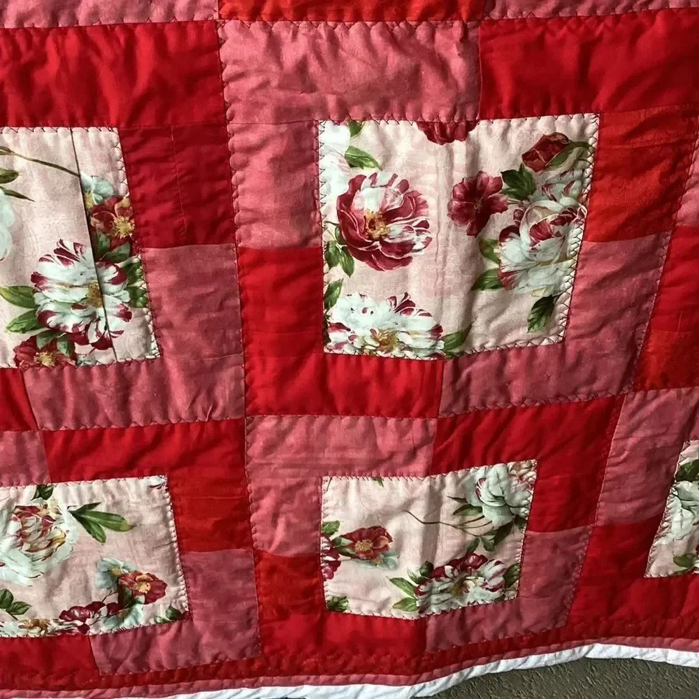NWT. Floral Red and Pink Peonies Hand Crafted Quilt